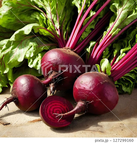 Freshly harvested beets with vibrant greens displayed on a rustic surface in a garden setting 127299160
