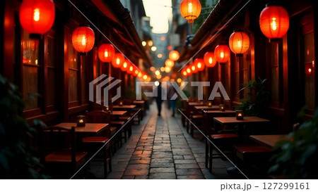 A narrow street with Japanese red lights 127299161