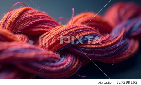 Colorful braided threads intertwined against a soft background craftsmanship 127299162