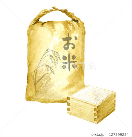 米袋と升に入った米の水彩画 127299224
