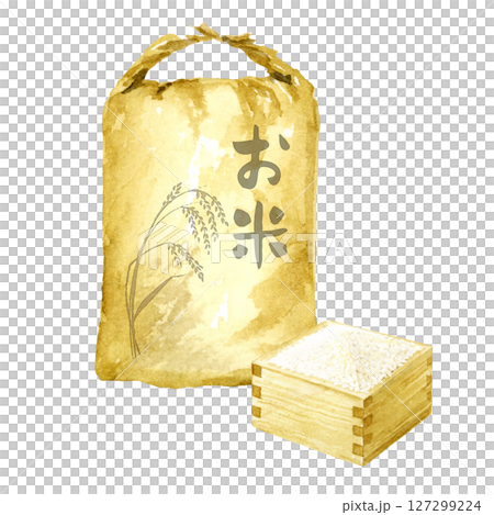 米袋と升に入った米の水彩画 127299224