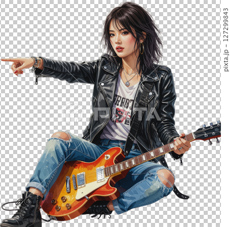 水彩風格女吉他手插圖指向透明背景 水彩風格女吉他手插圖指向透明背景 127299843