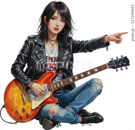 透明背景で指をさす水彩風の女性ギタリストイラスト 127299845