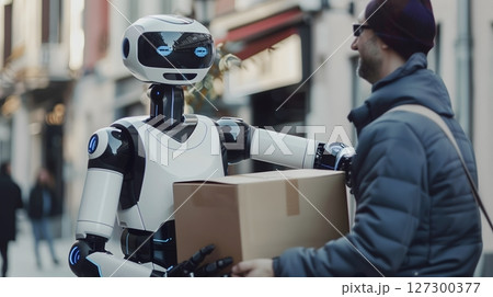 Advanced Humanoid Robot Delivering Package to Person on Urban Street 127300377