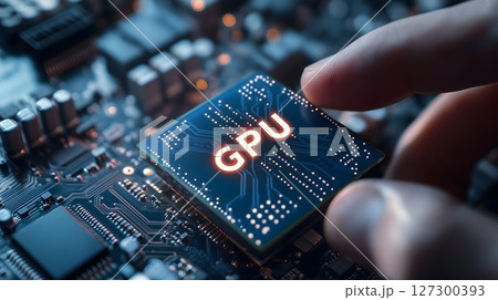 Closeup of GPU Processor Chip with Glowing Letters on Computer Motherboard Circuitry Closeup of GPU Processor Chip with Glowing Letters on Computer Motherboard Circuitry 127300393