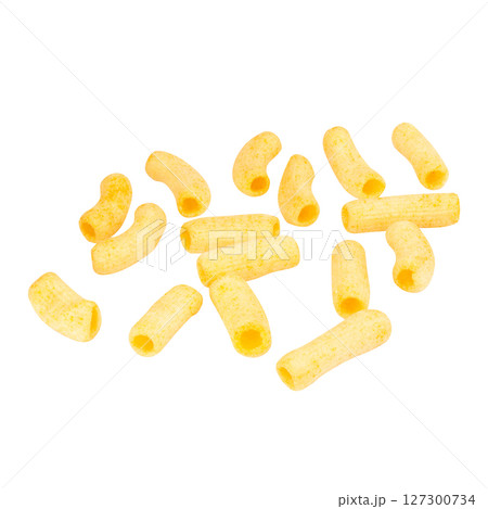 cylindrical snacks falling on white background cylindrical snacks falling on white background 127300734