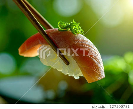 しずる感のある日本のまぐろの寿司を箸でつかむクローズアップ1 AI生成画像 しずる感のある日本のまぐろの寿司を箸でつかむクローズアップ1 AI生成画像 127300781