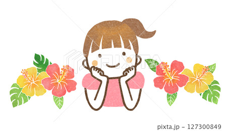 頬杖をつく女の子とハイビスカスの花 頬杖をつく女の子とハイビスカスの花 127300849