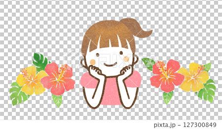 頬杖をつく女の子とハイビスカスの花 頬杖をつく女の子とハイビスカスの花 127300849