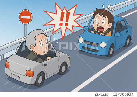 高速道路を逆走するシニア男性の車と驚く対向車の若い男性。危険運転のイラスト素材 127300934