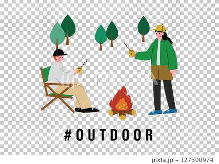 キャンプファイヤーの近くでコーヒーを飲む男女 キャンプファイヤーの近くでコーヒーを飲む男女 127300974