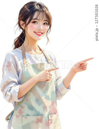 背景透明でエプロンを着て指差す笑顔の若い女性 127301026