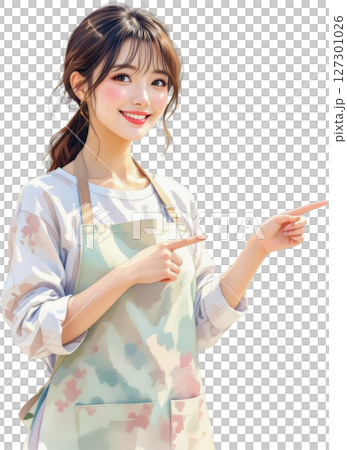 A smiling young woman wearing an apron pointing at something on a transparent background 127301026