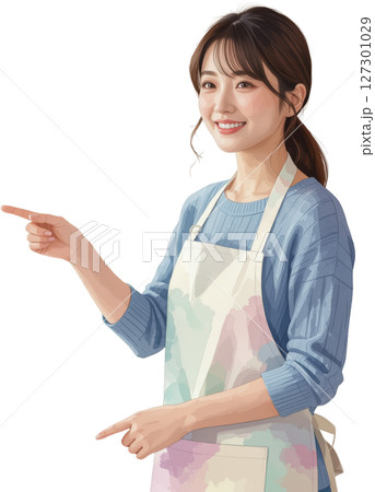 背景透明でエプロンを着て指差す笑顔の若い女性 127301029