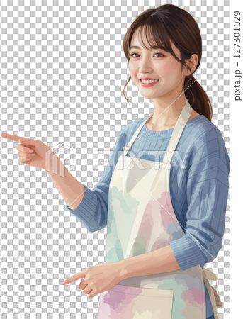 背景透明でエプロンを着て指差す笑顔の若い女性 127301029