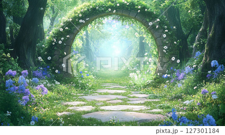 緑の森と石の円形ゲートが描く幻想的な風景 緑の森と石の円形ゲートが描く幻想的な風景 127301184