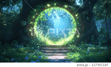光に包まれた森の中の神秘的な円形ゲート 光に包まれた森の中の神秘的な円形ゲート 127301185