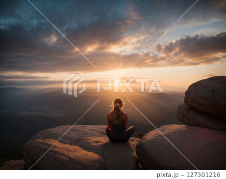 Behind a woman in a workout outfit sitting on a mountaintop on a large rock, looking at the beautiful sunrise sky.  127301216