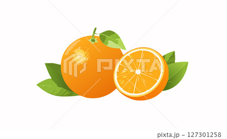 Whole oranges and neat half slices with crisp details, attached leaves, smooth bright orange surface, subtle shadow on clean white, modern healthy feel. Whole oranges and neat half slices with crisp details, attached leaves, smooth bright orange surface, subtle shadow on clean white, modern healthy feel. 127301258