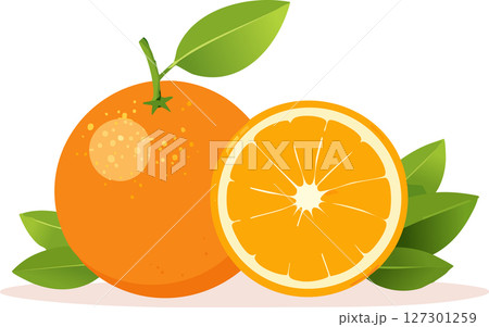 Fresh whole oranges and juicy sliced halves with bright peel and lush green leaves on a clean white background, modern flat style with soft shadows, perfect for healthy citrus designs. Fresh whole oranges and juicy sliced halves with bright peel and lush green leaves on a clean white background, modern flat style with soft shadows, perfect for healthy citrus designs. 127301259
