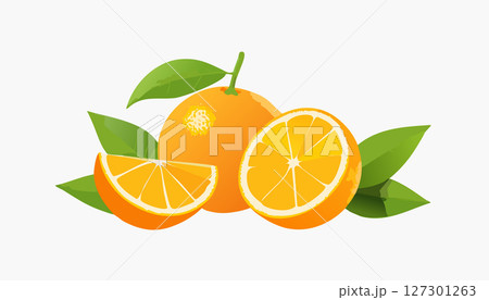Modern citrus illustration showing whole oranges and a neat sliced half, green leaves, soft shadows, clean white background for bright fresh style. Modern citrus illustration showing whole oranges and a neat sliced half, green leaves, soft shadows, clean white background for bright fresh style. 127301263
