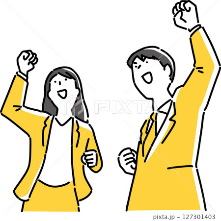 ガッツポーズをとる若手の男女社員 127301403