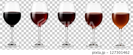 Color change of red wine poured into a glass on a transparent background 127301462