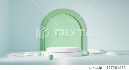 Display featuring central white round podium, Complemented by a soft green arch, All set against a calming light green background, Creating an elegant minimalist stage ideal for product presentations. 127301985