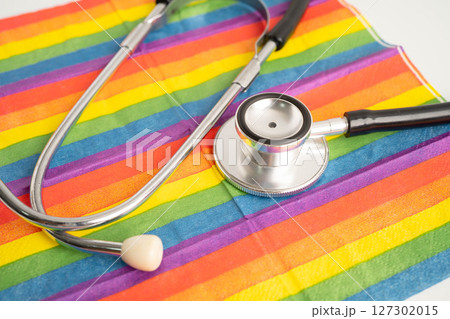LGBT symbol, Stethoscope on rainbow flag, rights and gender equality, LGBT Pride Month in June. LGBT symbol, Stethoscope on rainbow flag, rights and gender equality, LGBT Pride Month in June. 127302015