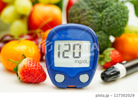 Digital glucose meter food for check sample blood sugar level to treatment diabetes with vegetable and fruit healthy. Digital glucose meter food for check sample blood sugar level to treatment diabetes with vegetable and fruit healthy. 127302029