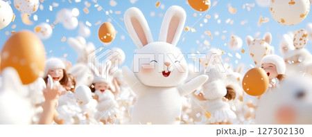 Playful White Bunny Surrounded by Balloons and Confetti in a Festive 127302130