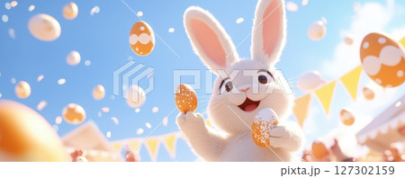 Adorable White Bunny Holding Easter Egg in Cheerful Spring Holiday Background Adorable White Bunny Holding Easter Egg in Cheerful Spring Holiday Background 127302159