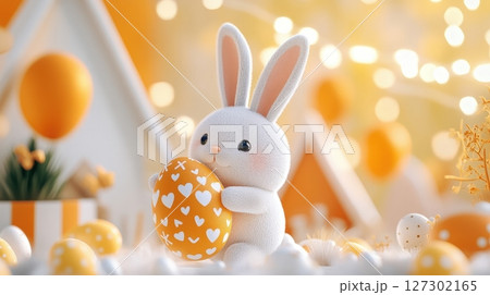 Adorable White Easter Bunny with Painted Egg in Floral Nest 127302165
