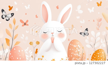 Adorable Rabbit in Floral Meadow with Butterflies for Easter or Spring 127302227