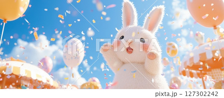 Adorable White Rabbit Bunny Surrounded by Balloons and Confetti Celebrating a Joyful Occasion 127302242