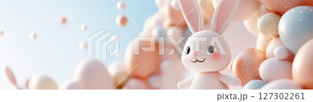 Cute Easter bunny surrounded by pastel marshmallow balloons against a soft abstract background 127302261