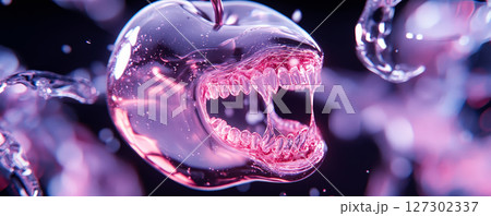 Crystal Apple with Razor-Sharp Teeth Suspended in Liquid, Blending Beauty with Monstrous Horror in Surreal Detail 127302337