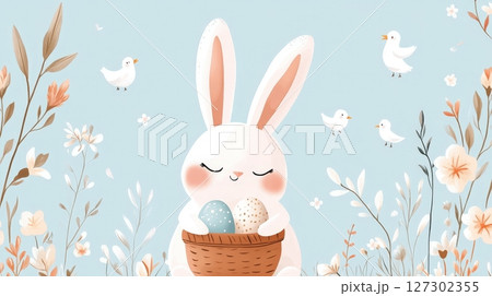 Cute White Rabbit Holding Easter Eggs in Floral Spring Basket 127302355
