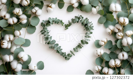 Heart-shaped frame made from eucalyptus twigs and cotton flowers, romantic and natural aesthetic, isolated white 127302372