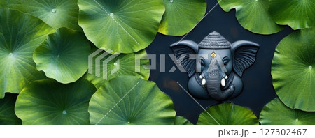 Ganesha s Elephant Head Emerging from Lotus Pond with Vivid Green Leaves 127302467