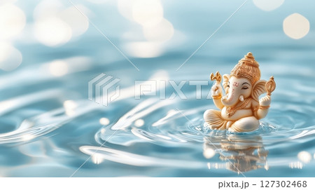 Ganesha Statue Reflecting on Tranquil Rippling Water 127302468