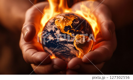 the image shows a pair of hands holding a spherical representation of the planet. flames surround the sphere, engulfing parts of it in bright orange light 127302556