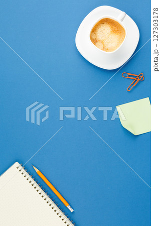 Open notepad with pencil, cup of coffee note sheet Open notepad with pencil, cup of coffee note sheet 127303178