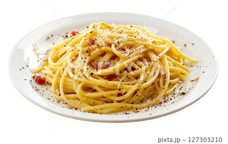 Plate of spaghetti carbonara with black pepper and pecorino cheese isolated on white background png transparent clipart. 127303210
