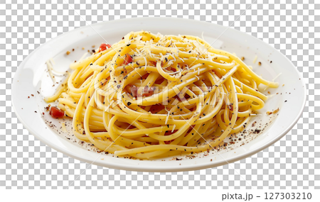 Plate of spaghetti carbonara with black pepper and pecorino cheese isolated on white background png transparent clipart. 127303210