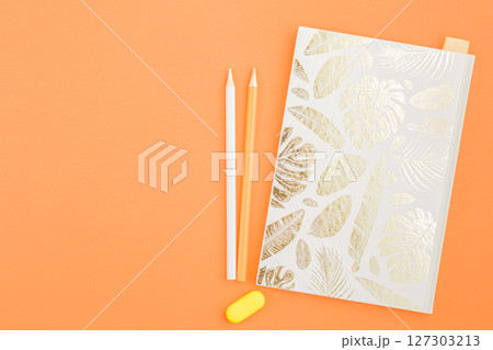 Craft notebook with colored pencils. 127303213