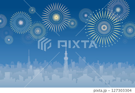 東京シルエットと花火 東京シルエットと花火 127303304