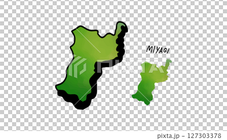 Hand-drawn vector illustration of a map of Miyagi prefecture painted in green watercolor 127303378