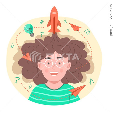 Active Kid Boy with Afro Hair Thinking Creative Idea with Rocket, Paper Plane and Thinking Bulb for Contemplation and Education Concept Illustration 127303779