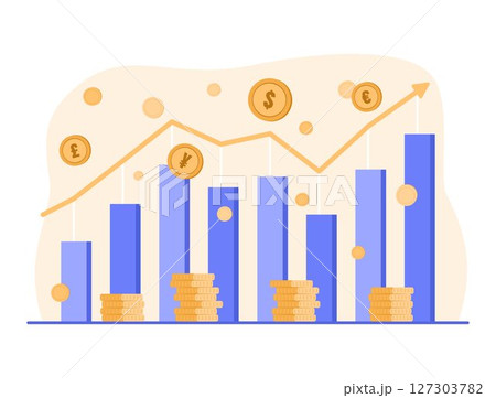 Growing Financial Bar Chart with Foreign Currency Coin Money for Financial, Banking and Economic Investment Concept Illustration 127303782